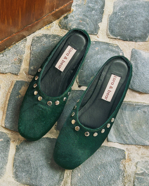 Fawn Mule Studded Emerald Calf Hair Leather