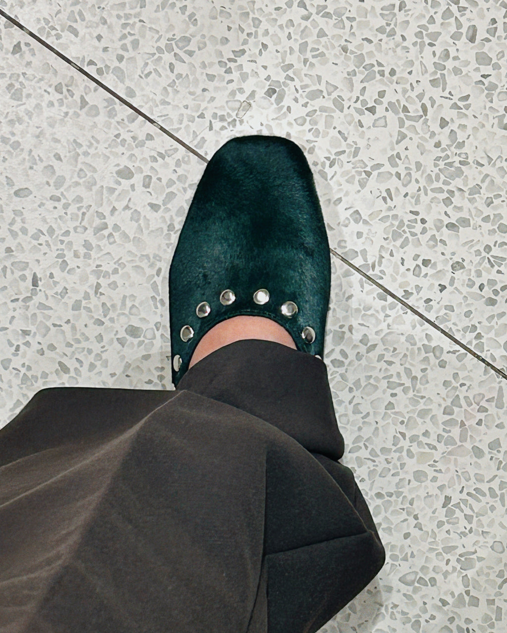Fawn Mule Studded Emerald Calf Hair Leather