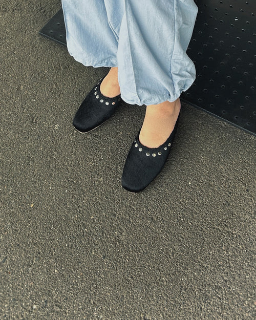 Fawn Mule Studded Black Calf Hair Leather