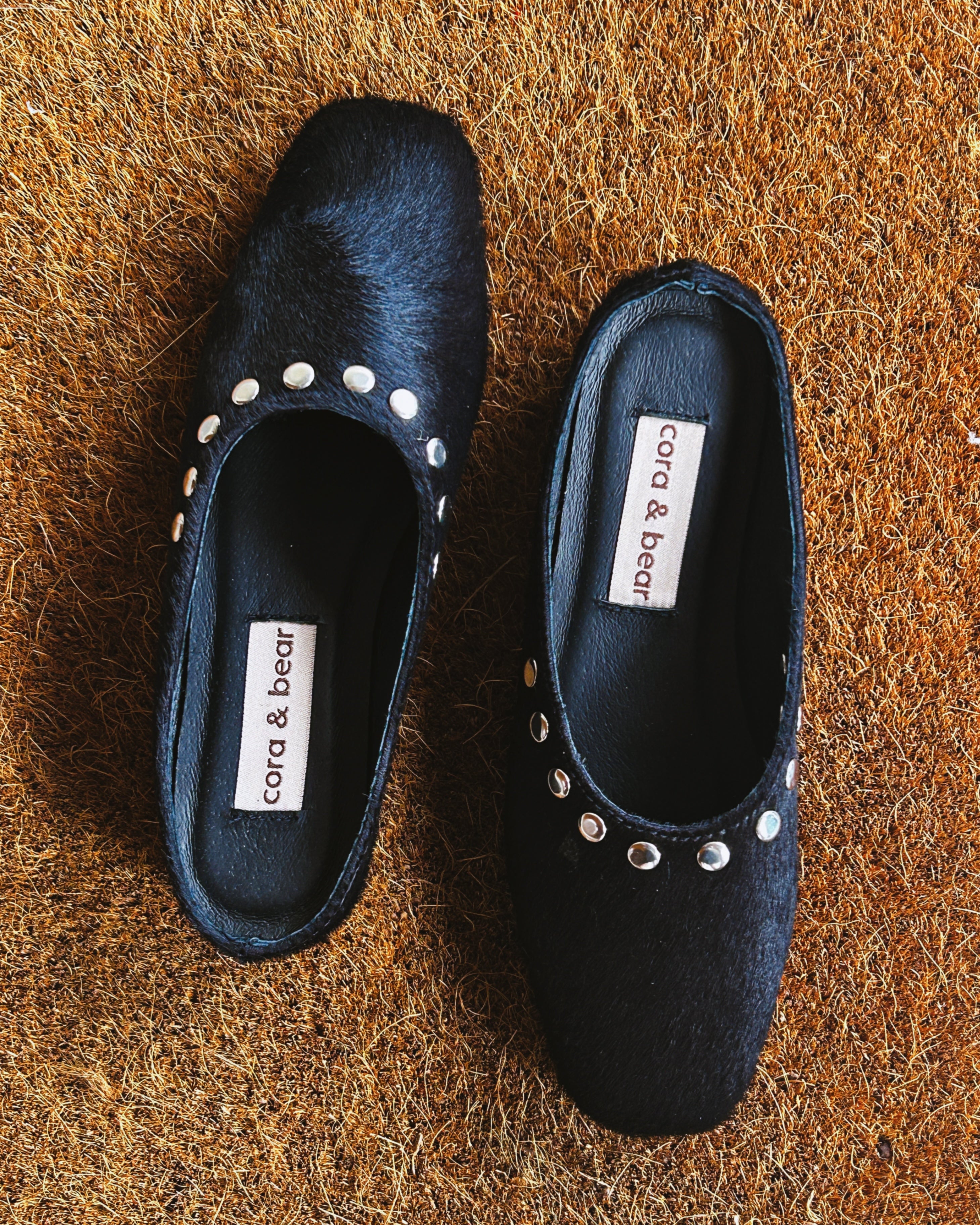 Fawn Mule Studded Black Calf Hair Leather