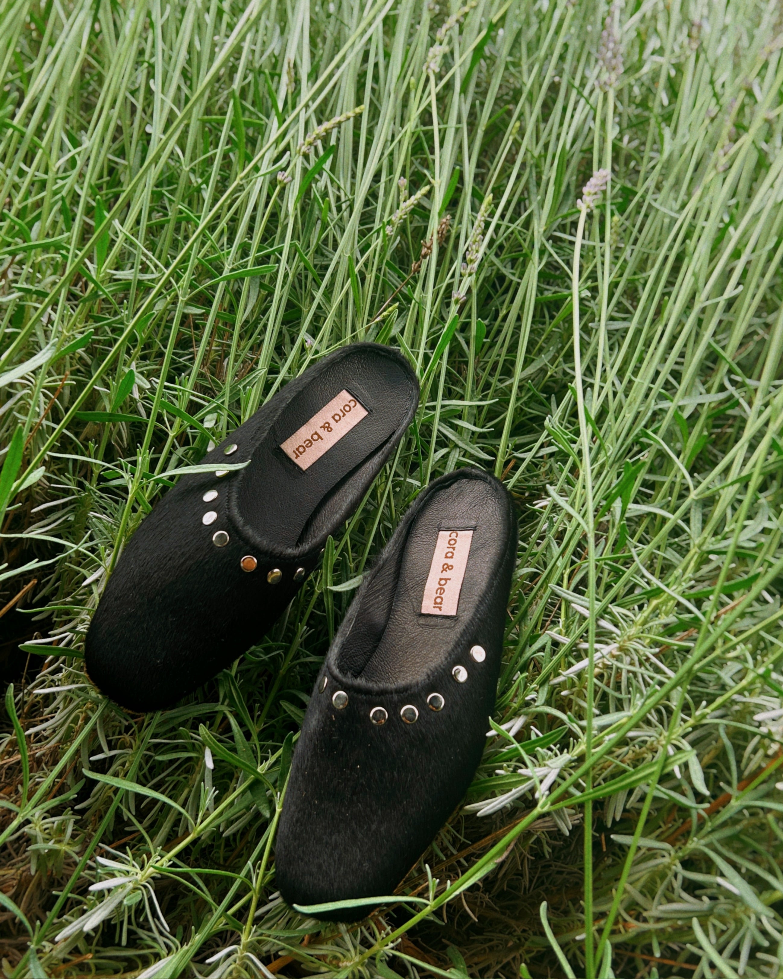 Fawn Mule Studded Black Calf Hair Leather