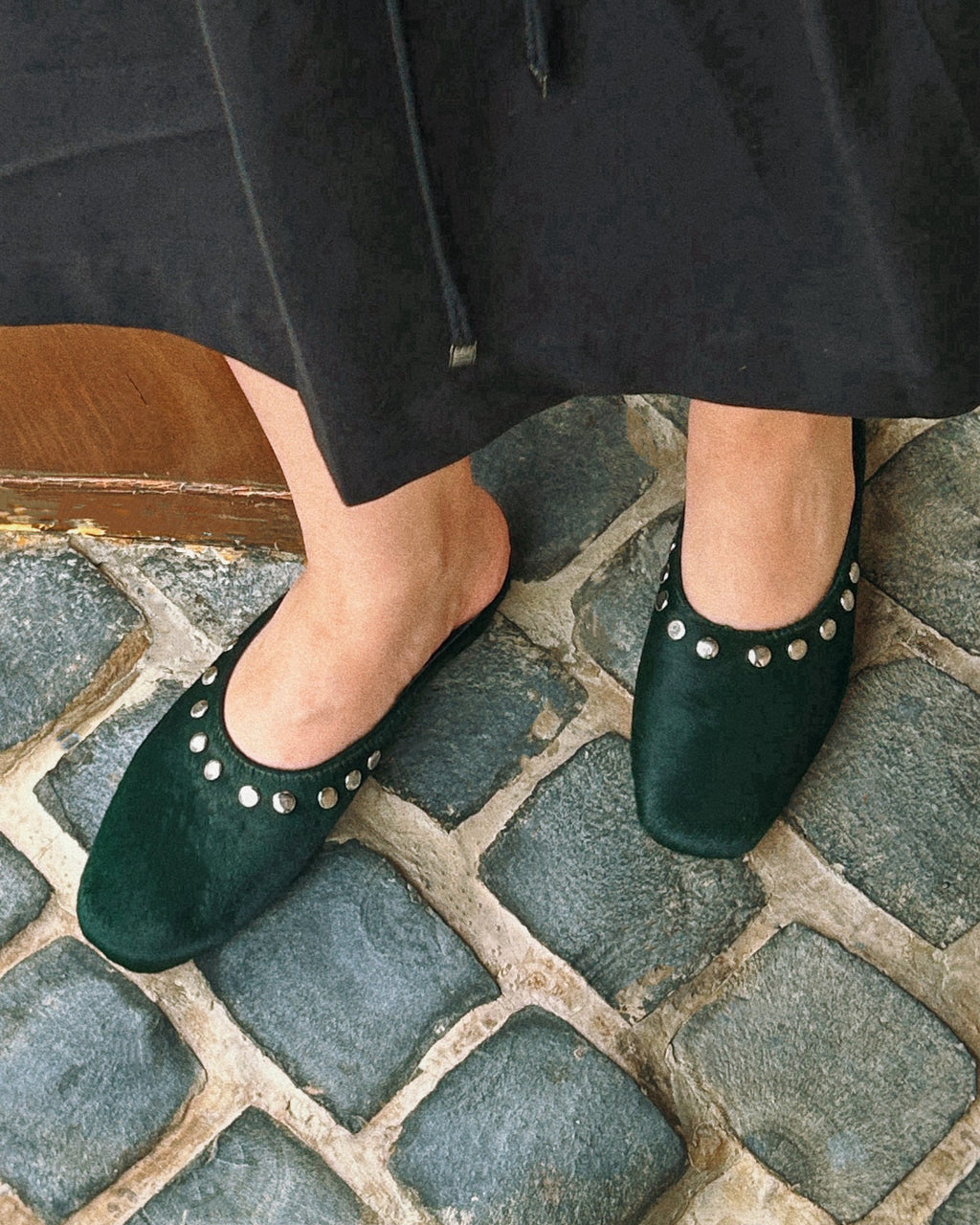 Fawn Mule Studded Emerald Calf Hair Leather