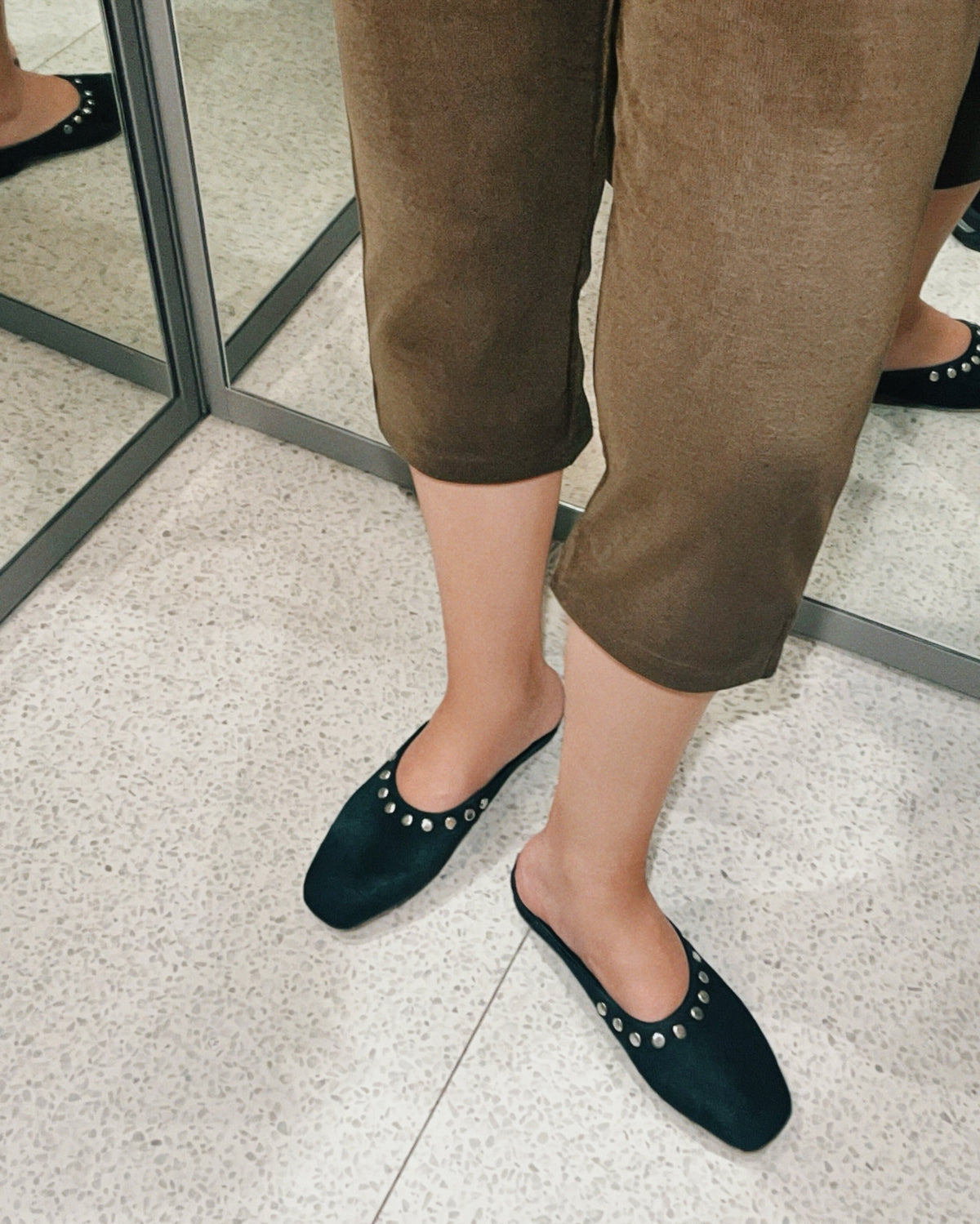 Fawn Mule Studded Emerald Calf Hair Leather
